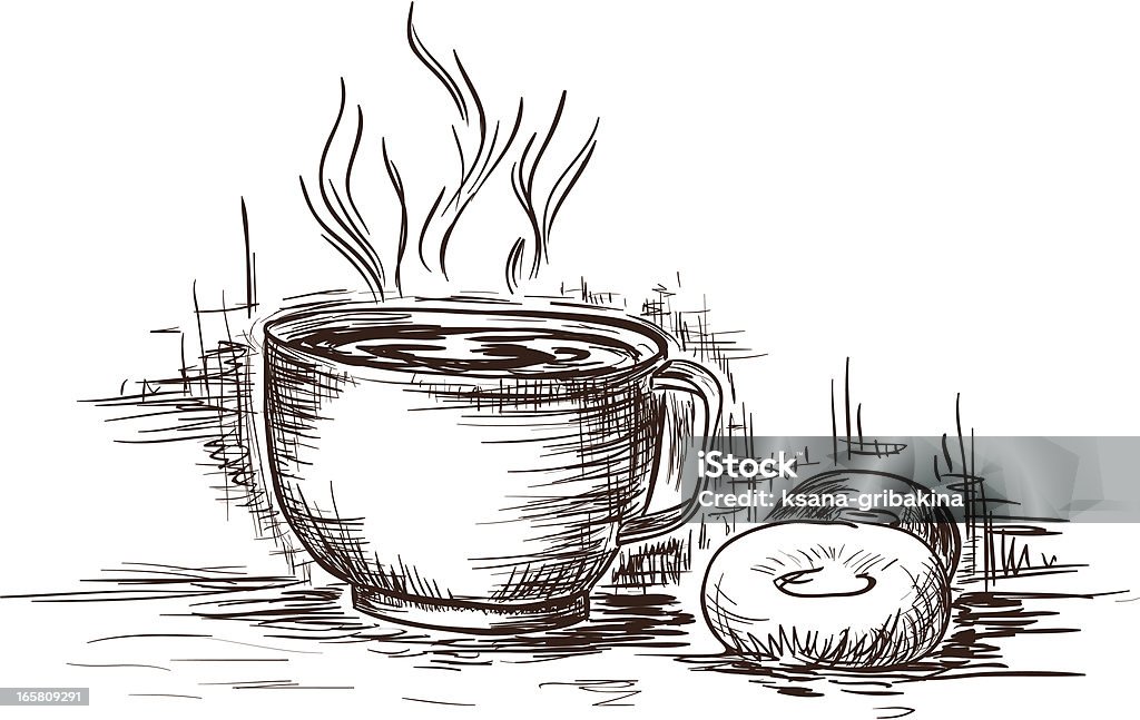 Dibujo a mano taza de café y rosquillas. - arte vectorial de Alimento libre de derechos