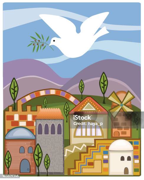 Dove With Olive Branch Flying Above Jerusalem Stock Illustration - Download Image Now - Town, Jerusalem, Judaism