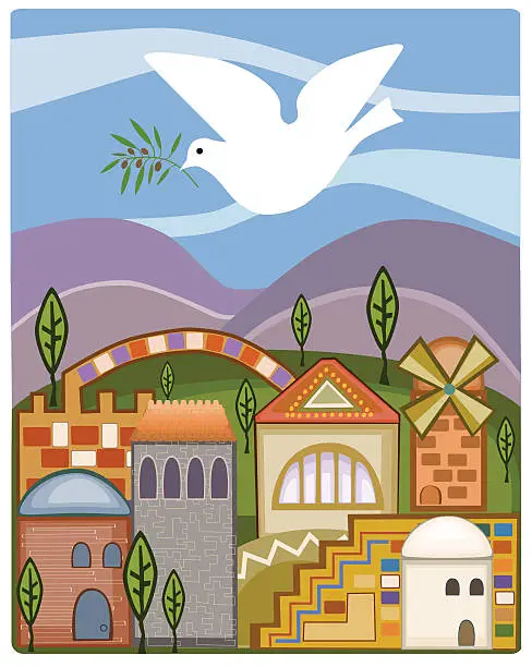 Vector illustration of Dove With Olive Branch Flying Above Jerusalem