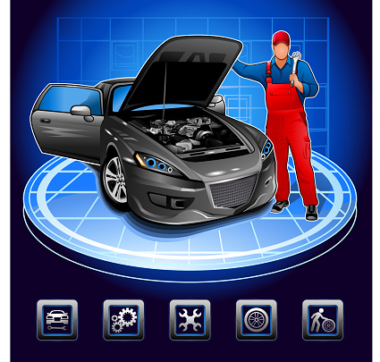 mechanic and auto repair shop facing the car with open hood and set of icons on the auto repair shop theme.