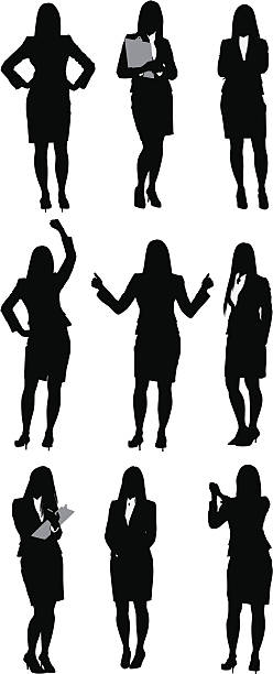 illustrazioni stock, clip art, cartoni animati e icone di tendenza di donna d'affari in piedi in diverse pose - woman with arms raised back view