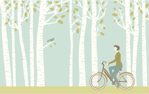 A retro-style woman takes a bike ride through the spring trees while a bird watches. Includes a version without the woman and the bike as well as a version of just the woman on the bike.