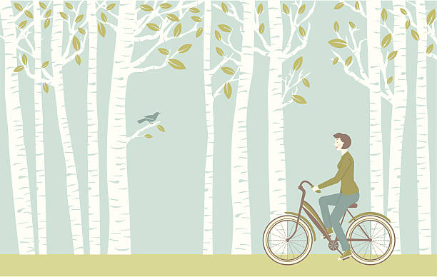 Spring Ride A retro-style woman takes a bike ride through the spring trees while a bird watches. Includes a version without the woman and the bike as well as a version of just the woman on the bike. springtime woman stock illustrations