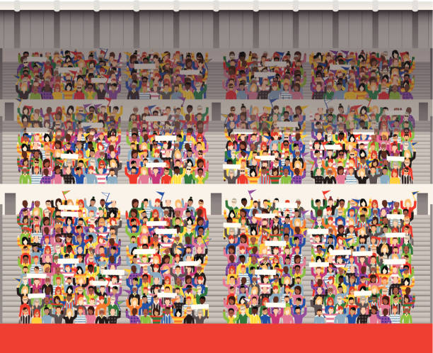 Large crowd in stadium grandstand Vector illustration of a generic crowd of supporters in a typical grandstand. Towards the back many supporters are in shadow, as there is a partial roof structure above them. There are just over 1000 supporters in the stand. 27 different designs of people. At the front is a large red area of bill boarding, ready for your own message. bleachers stock illustrations