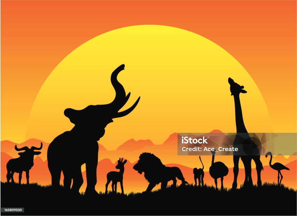 African safari silhouetes en negro con sol - arte vectorial de Safari libre de derechos