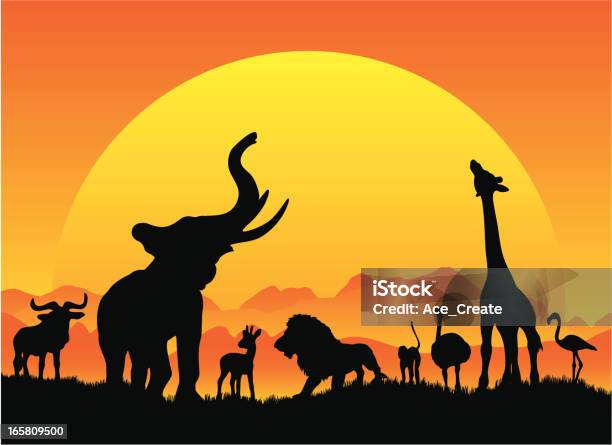 Ilustración de African Safari Silhouetes En Negro Con Sol y más Vectores Libres de Derechos de Safari - Safari, África, Animales salvajes