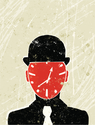 Clock Face! A stylized vector cartoon of a Businessman with a bowler hat and a clock for his face, the style is reminiscent of an old screen print poster, suggesting time, deadlines, time management, against the clock or urgency. Man, hat, clock,paper texture and background are on different layers for easy editing. Please note: clipping paths have  been used,  an eps 8 version is included without the path.