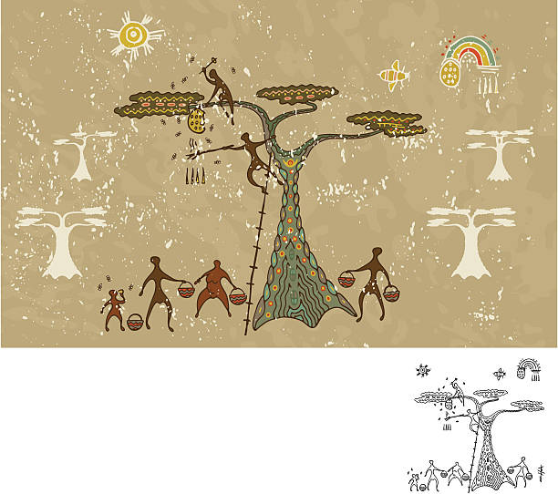 Prehistoric Cave Painting Honey Collecting Cave painting of men, a woman and child collecting honey from wild bees in a tree. Smoke, baskets, honeycomb.  White top grunge layer removeable. Black has all white knocked out. woman beehive stock illustrations
