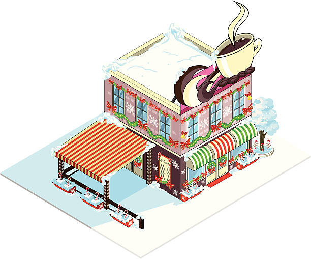 illustrations, cliparts, dessins animés et icônes de noël design caffee isométrique bâtiment. - christmas shopping store retail