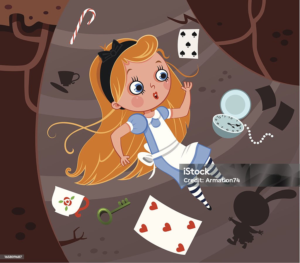 Alice and the rabbit hole Alice is falling down into the rabbit with some items. Alice in Wonderland - Fictional Character stock vector