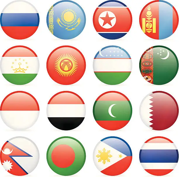 Vector illustration of Round Flag Icon Collection - Asia
