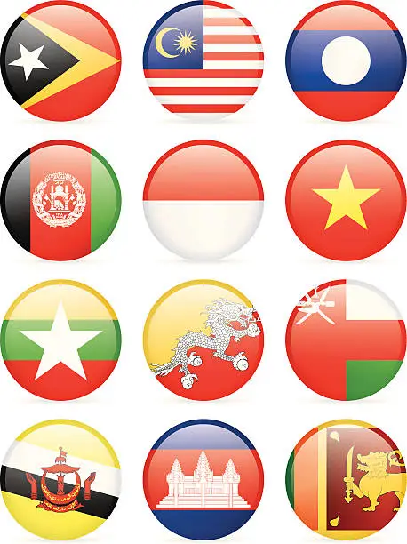 Vector illustration of Round Flag Icon Collection - Asia