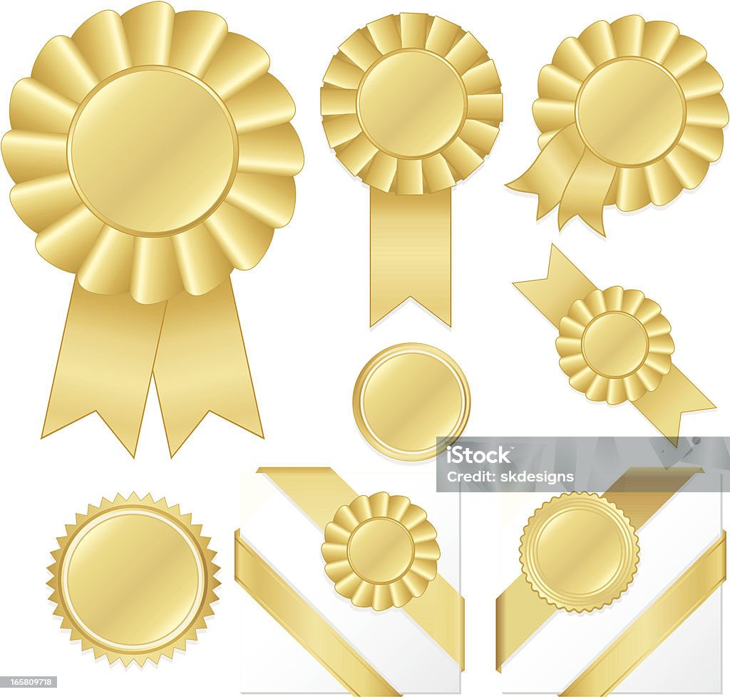 Oro premio rosetas, cintas de esquina, pegatinas y conjunto de botones - arte vectorial de Dorado - Color libre de derechos