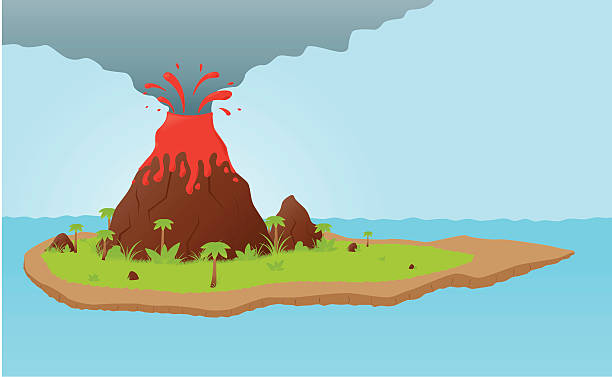 ilustraciones, imágenes clip art, dibujos animados e iconos de stock de volcán explosing en solitario island - paisaje volcánico