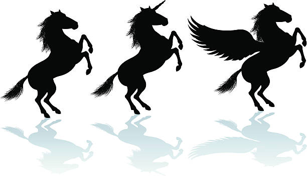 ilustrações de stock, clip art, desenhos animados e ícones de criação de cavalo pegasus, unicórnio, silhuetas - pegasus horse symbol mythology