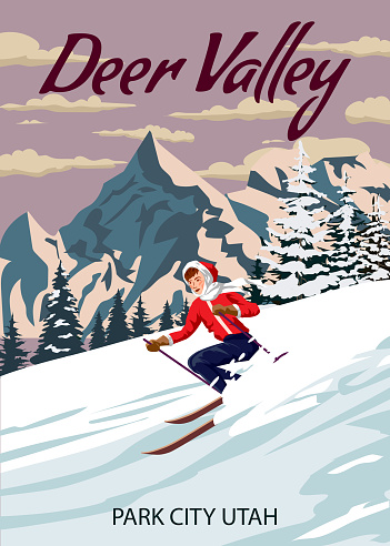 Travel poster Ski Deer Valley resort vintage. USA winter landscape travel view, skier woman on the snow mountain, retro. Vector illustration