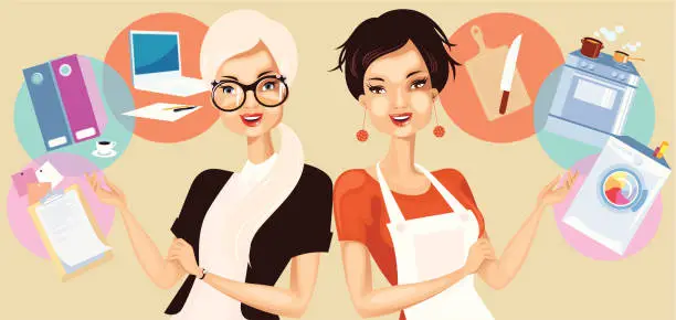 Vector illustration of Business woman versus housewife.