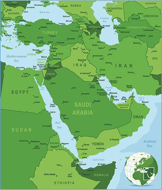 ilustrações de stock, clip art, desenhos animados e ícones de verde de mapa do médio oriente - iran vector saudi arabia kuwait