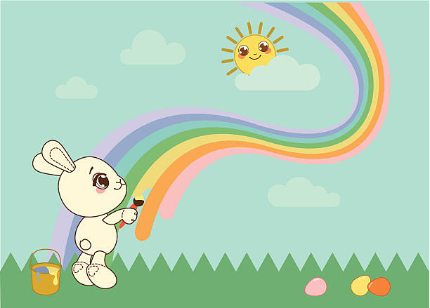 ilustraciones, imágenes clip art, dibujos animados e iconos de stock de éster bunny con colores - rainbow multi colored sun sunlight