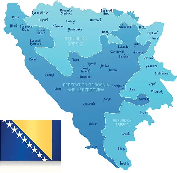Vector illustration of Map of Bosnia and Herzegovina - states, cities, flag