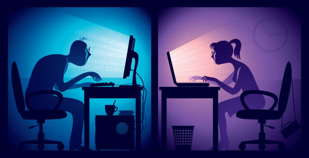 Overtime Man and woman sitting in front of screens in a dark office room. computer silhouettes stock illustrations
