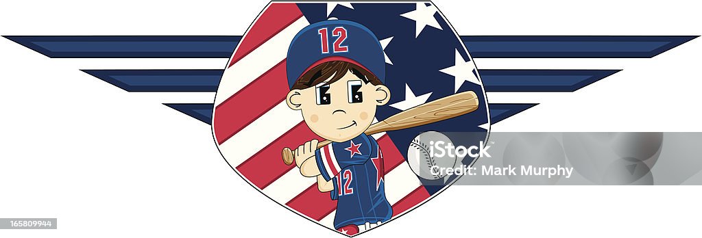Linda jovem garoto Liga de beisebol - Vetor de Bandeira Norte-Americana royalty-free