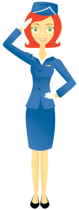 A vector illustration of a retro-styled smiling flight attendant standing and saluting. The flight attendant is grouped on one layer. File uses linear and radial gradients. No meshes. Download includes a high resolution PNG file with a transparent background.