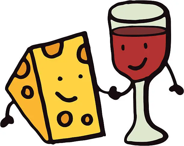 Vector illustration of Cheese and wine cartoon doodle