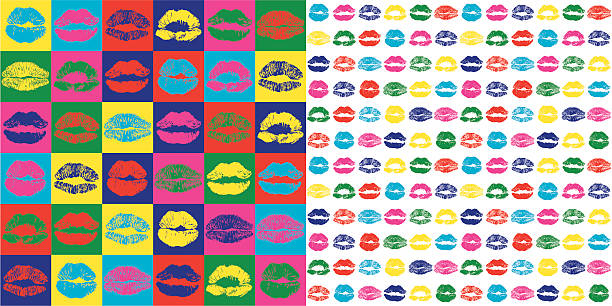 Lipstick KISS PATTERN Vector illustration. Set of Lipstick prints made as seamless pattern in Pop Art style. Each of elements can easily ungroup and remove. kissing illustrations stock illustrations