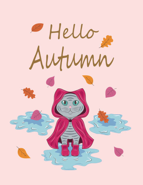 istock Cute cartoon cat in a raincoat and leaf fall, hello autumn. 1658101857