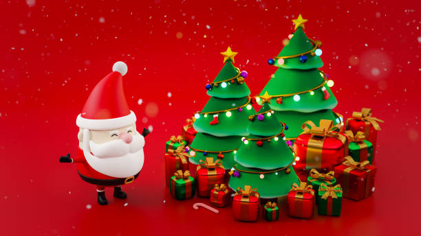 istock Santa Claus with Christmas trees with decorations and gift boxes on red background. Merry Christmas and Happy New Year. 3D render. 1658101865