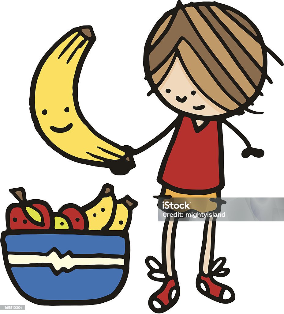 Boy holding a large banana next to bowl of fruit Banana stock vector