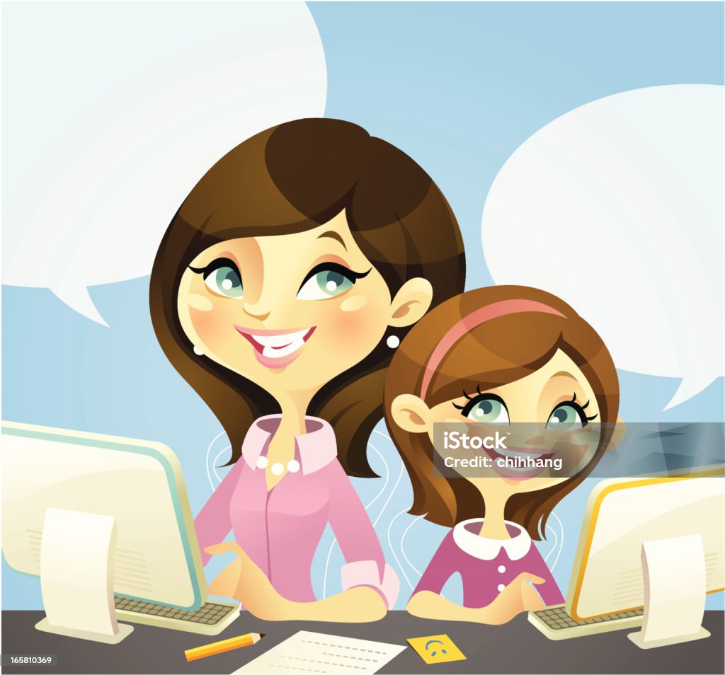 Mommy Executive Vector illustration of a mother and her daughter working with the computer together.   These cheerful characters are great for any Internet, blogging related projects. The character can separate easily in Adobe illustrator. *Download includes an AI file with un-cropped computer and transparent speech bubbles.  Cartoon stock vector