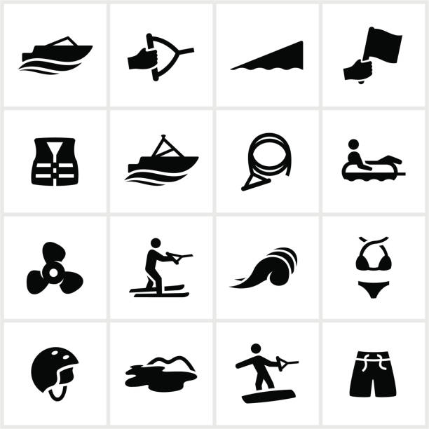 ilustraciones, imágenes clip art, dibujos animados e iconos de stock de iconos de navegación recreación - wakeboarding motorboating extreme sports waterskiing