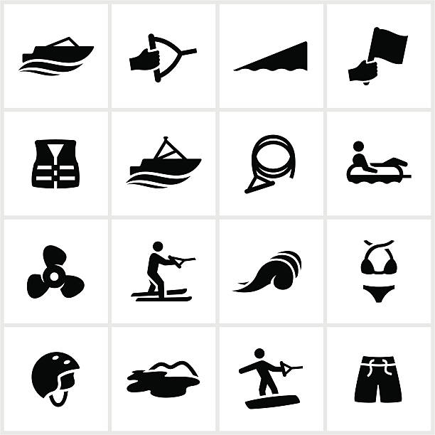 żeglarstwo wypoczynek ikony - wakeboarding motorboating extreme sports waterskiing stock illustrations