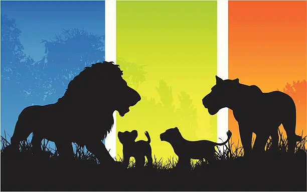 Vector illustration of African lion family pride with cubs silhouette