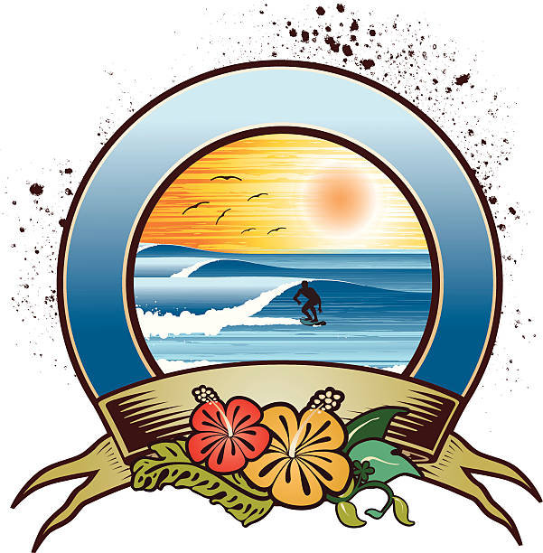 ilustrações, clipart, desenhos animados e ícones de emblema praia tropical - bodysurfing