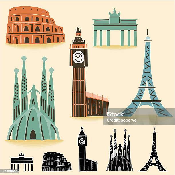 Europe Landmarks Stock Illustration - Download Image Now - Paris - France, Retro Style, Barcelona - Spain