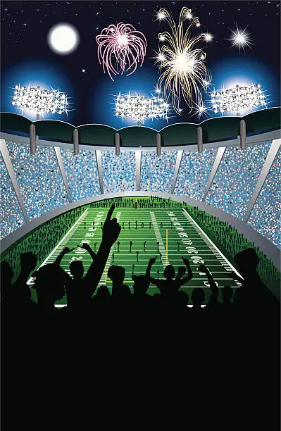 Vector illustration of Football Kickoff in Stadium, Crowd and Fireworks Background