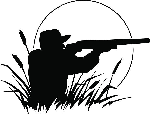 duck hunting silhouette silhouette of a man aiming a shotgun hunting stock illustrations