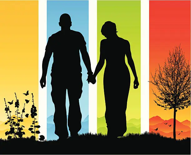 Vector illustration of Beautiful romantic couple holding hands in silhouette