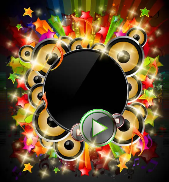 Vector illustration of Flashy Music Background with Speakers and Stars