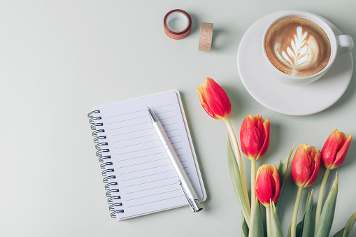 Spiral notepad, pen, coffee cup and red tulip flowers on light green background. Top view, flat lay, mockup.