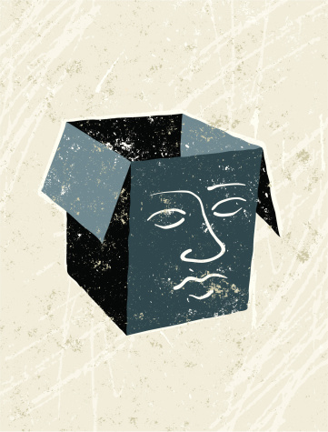 Empty Headed!, A stylized vector cartoon of an empty Box with a face, the style is  reminiscent of an old screen print poster, suggesting conformity, empty headed, the thoughtlessness, identity crisis,, identity,  or no idea, empty. face, box,paper texture and background are on different layers for easy editing. Please note: clipping paths have been used,  an eps version is included without the path.