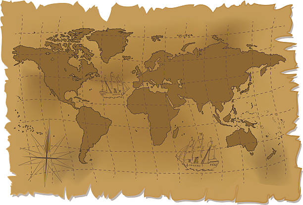 illustrazioni stock, clip art, cartoni animati e icone di tendenza di vecchia mappa del mondo. - document illustration and painting vellum brown