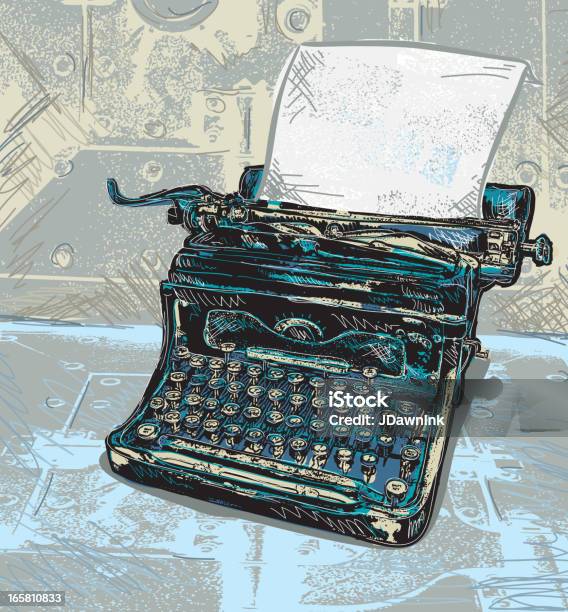 Vetores de Máquina De Escrever Com Papel Retrô Azul e mais imagens de Máquina de datilografar - Máquina de datilografar, Fora De Moda - Estilo, Vector