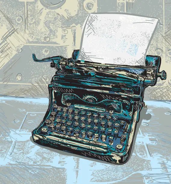 Vector illustration of Retro blue typewriter with paper