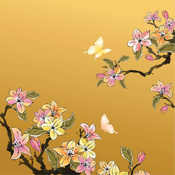 앤시언트 중국식 페인팅 - butterfly single flower vector illustration and painting stock illustrations