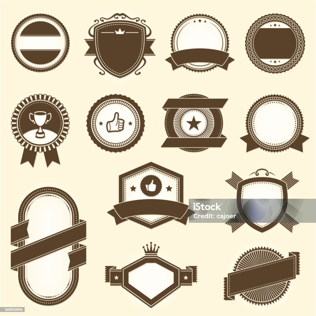 Retro Labels Collection of retro labels in one color. The background shows through the bright parts of the labels. Labels with a ribbon behind it are not merged (for instance, on the label with the trophy you can easily remove the two ribbons hanging down). Award stock vector