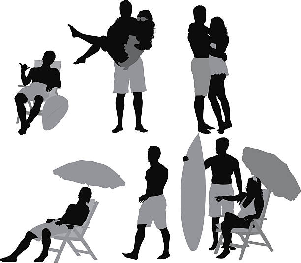 ilustrações, clipart, desenhos animados e ícones de silhueta de pessoas em férias - couple full length embracing white background